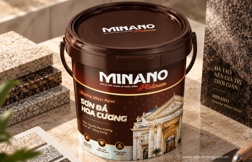 Thiết kế bao bì vỏ thùng sơn giả đá hoa cương Minano Platinum đặt cạnh các mẫu bề mặt đá