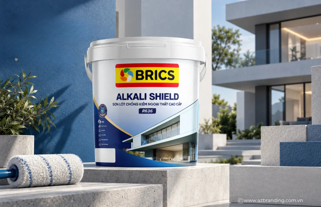 Phối cảnh bao bì vỏ thùng sơn Brics Alkali Shield trong không gian ngoại thất