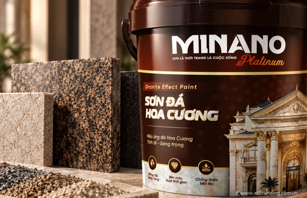 Cận cảnh mặt chính bao bì sơn giả đá hoa cương Minano với tên thương hiệu và thông tin sản phẩm