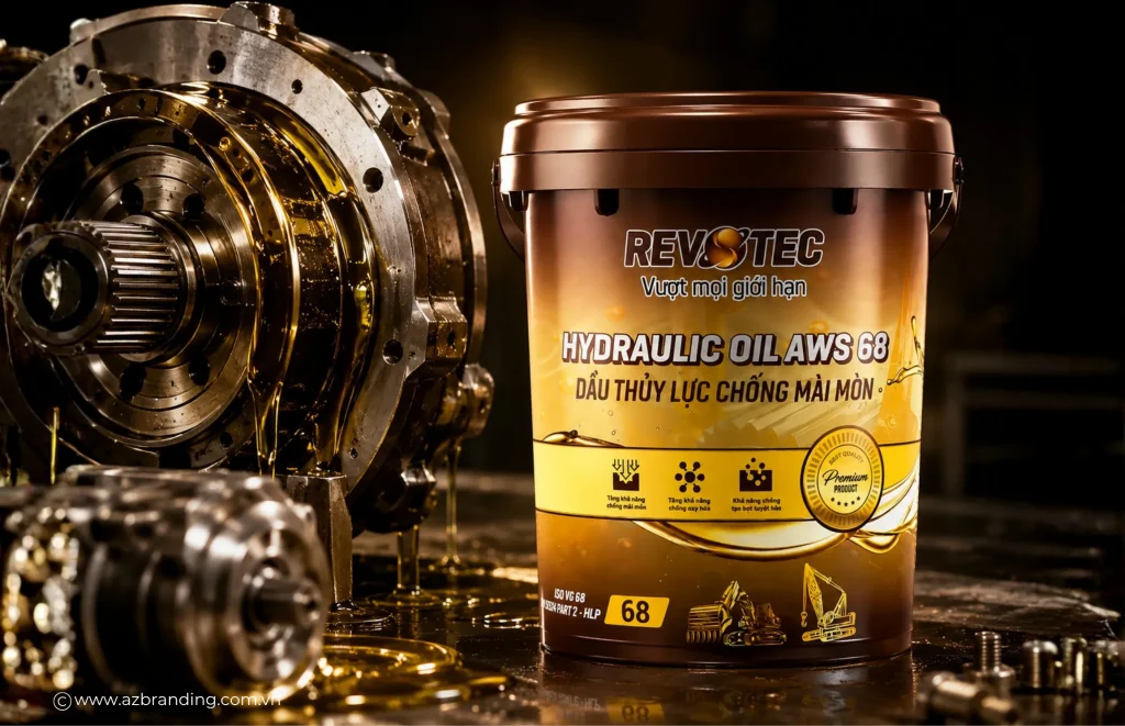 Bao bì Revotec Hydraulic Oil AWS 68 đặt cạnh chi tiết máy cơ khí