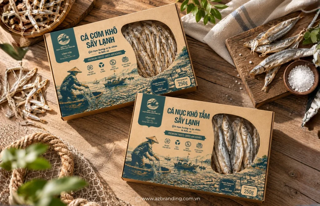 Hai mẫu bao bì cá khô sấy lạnh Vĩnh Hải đặt trên bề mặt gỗ