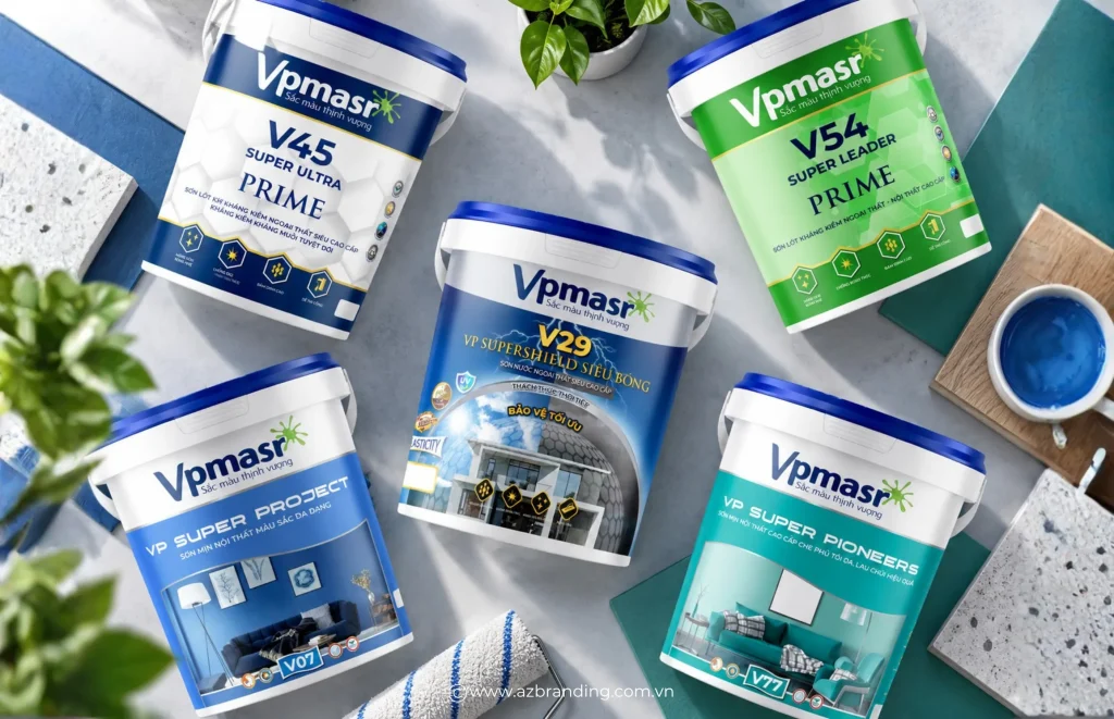 Hệ thống bao bì sơn VPmars được trình bày trên các thùng nhựa cùng nhận diện thương hiệu