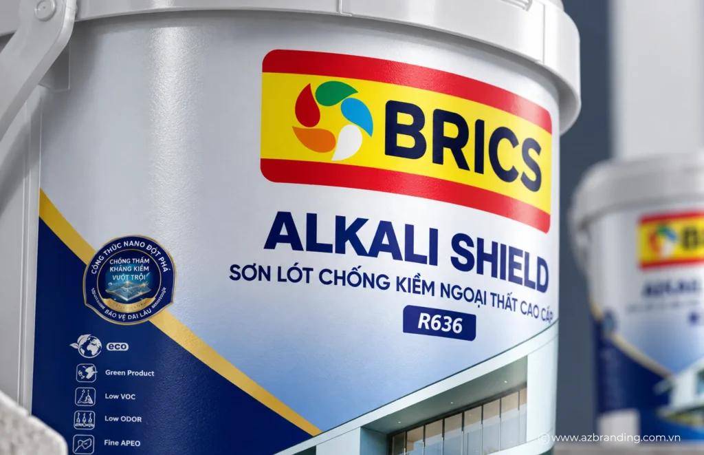 Cận cảnh thiết kế mặt chính bao bì Brics Alkali Shield với logo, tên dòng và thông tin sản phẩm