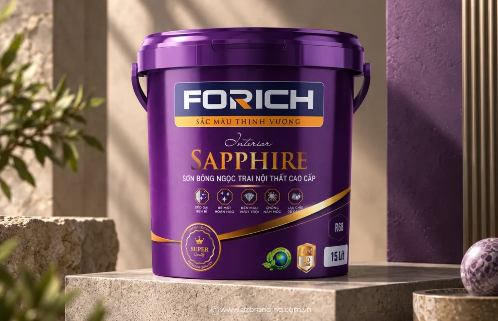 Thiết kế bao bì dòng sơn Forich Sapphire trên nền tím và chi tiết màu vàng