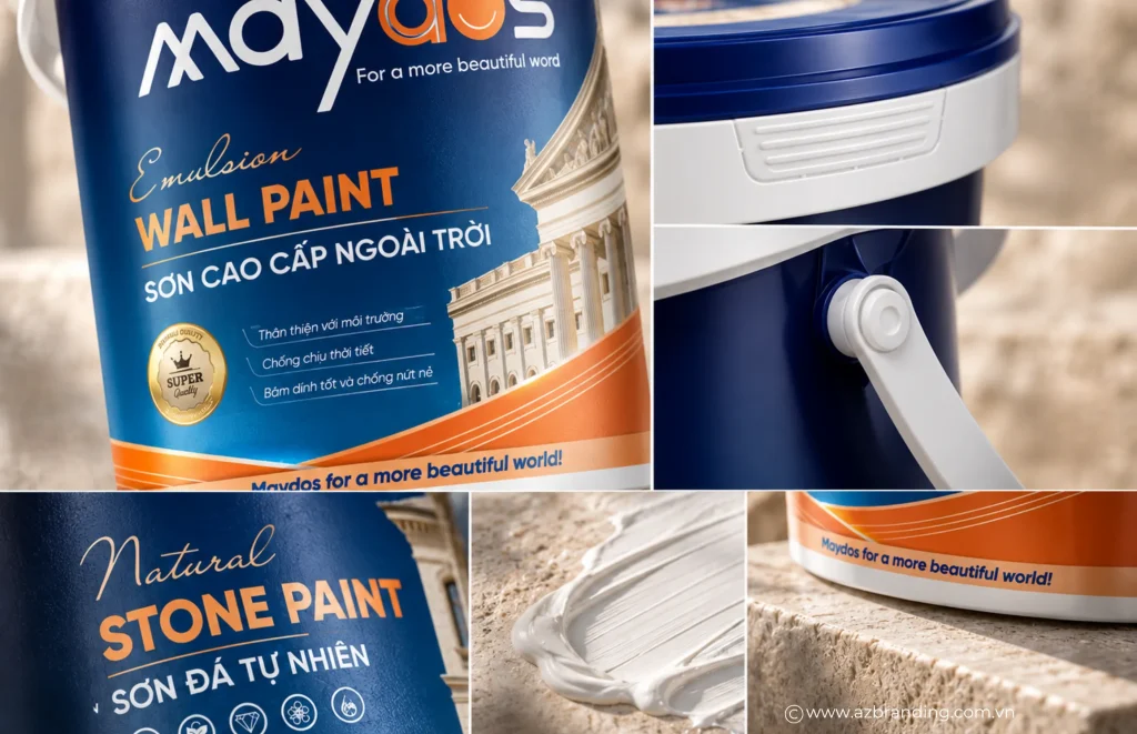 Chi tiết bố cục, tên sản phẩm và cấu tạo thùng sơn Maydos 18L