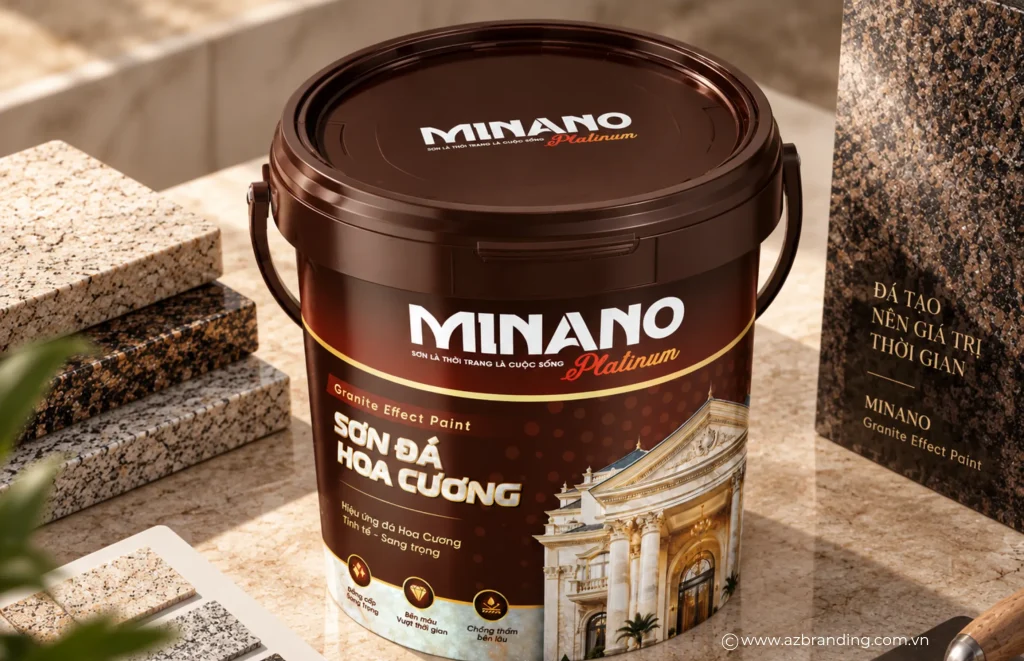 Phương án trình bày vỏ thùng sơn Minano Platinum dung tích lớn trong bối cảnh vật liệu đá