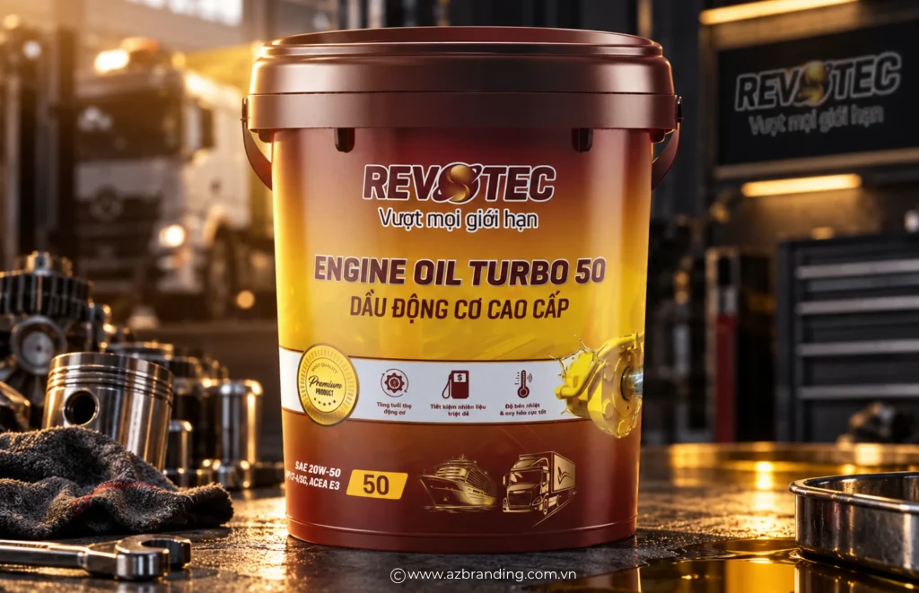 Bao bì Revotec Engine Oil Turbo 50 trong bối cảnh xưởng máy
