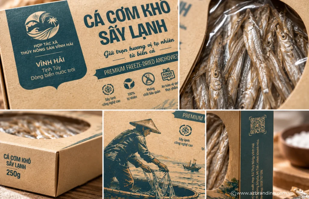 Chi tiết bao bì cá cơm khô sấy lạnh Vĩnh Hải trên nền giấy kraft