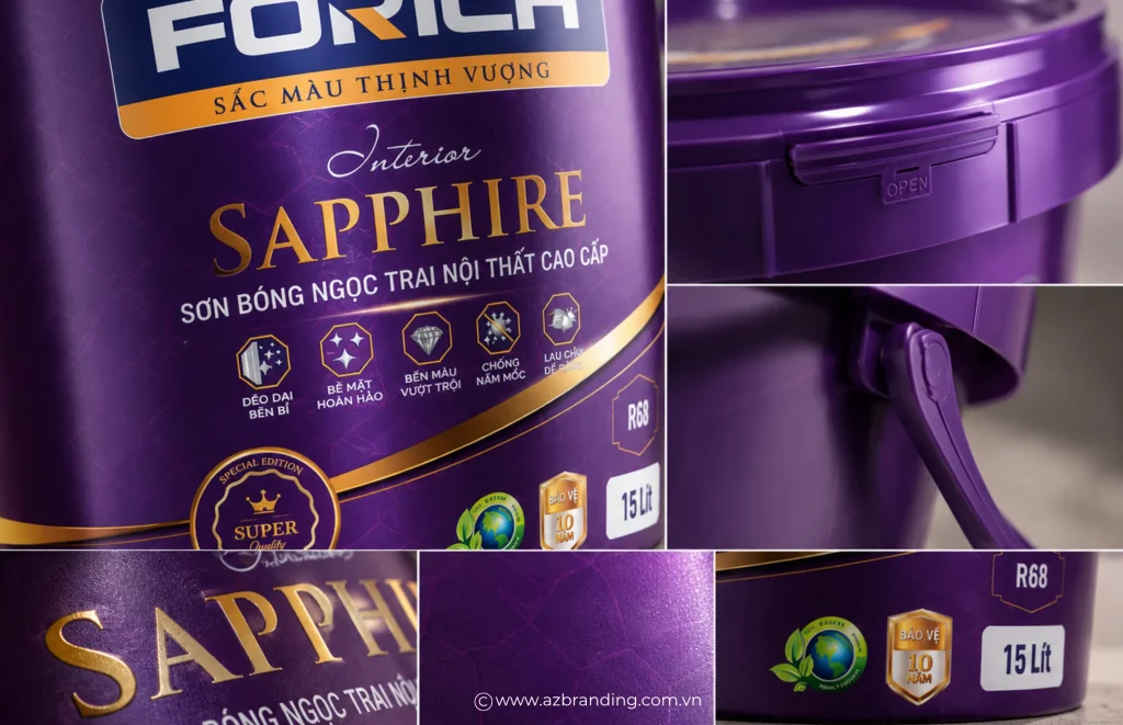Chi tiết mặt chính và cấu tạo bao bì trình bày của dòng sơn Forich Sapphire