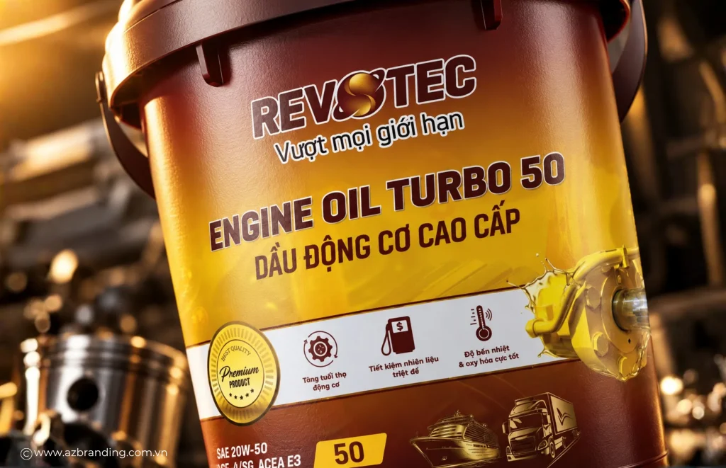 Cận cảnh thiết kế mặt chính bao bì Revotec Engine Oil Turbo 50