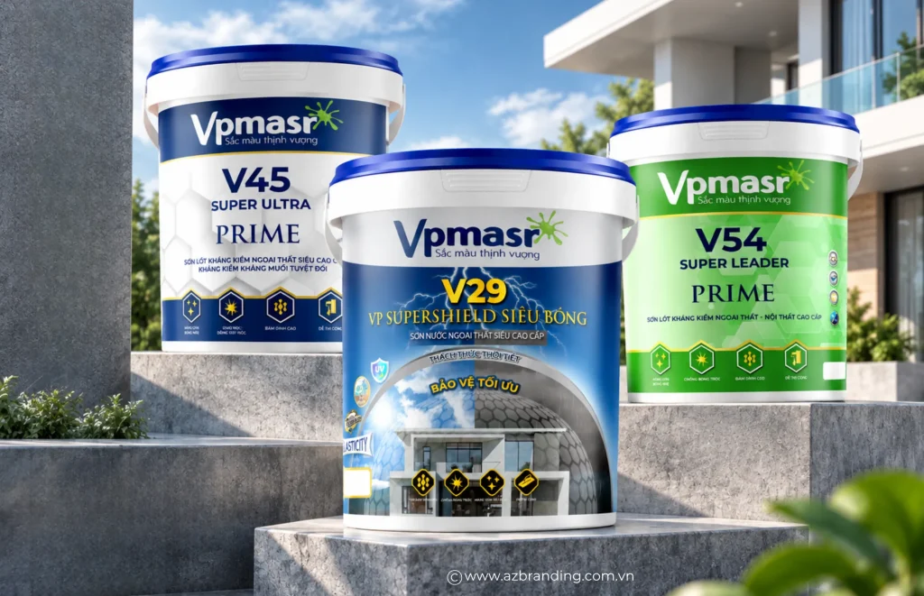 Ba mẫu bao bì sơn VPmars thể hiện logo, mã sản phẩm và thông tin tính năng trên mặt chính