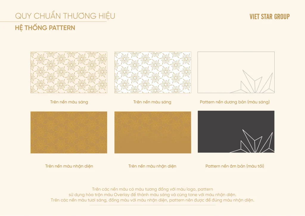 Các biến thể họa tiết nhận diện Vietstar Group trên nền sáng, nền vàng và nền tối