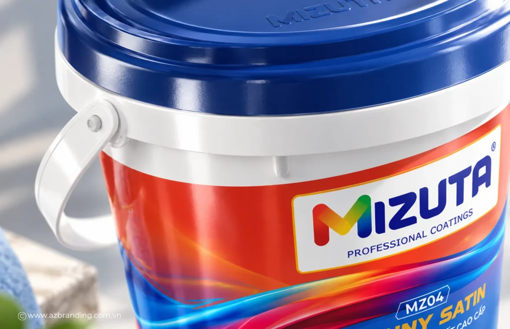 Chi tiết logo Mizuta và dải đồ họa nhiều màu trên phối cảnh vỏ thùng sơn