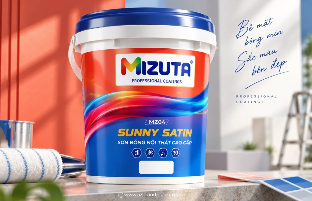 Phối cảnh mặt chính bao bì sơn Mizuta MZ04 với tên dòng SUNNY SATIN