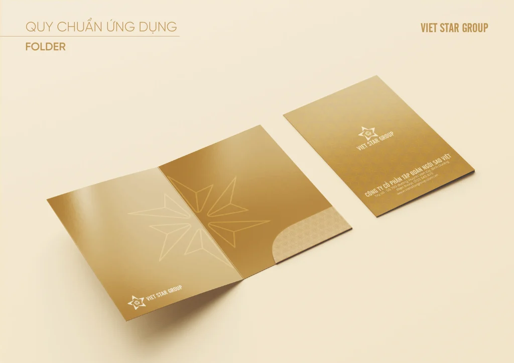 Hình ảnh minh họa ứng dụng logo và họa tiết Vietstar Group trên bìa kẹp tài liệu